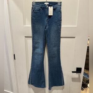 NWT Forever 21 Denim Flare Jeans with Rhinestone Embellishing
